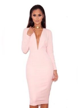 House of CB London Dominique Plunge V-Neck Long Sleeve Bodycon Dress Pink S